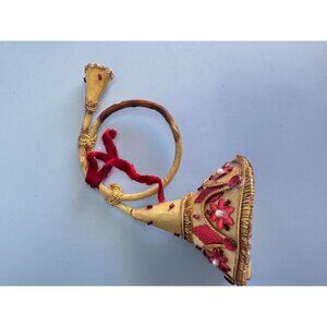 Handcrafted Decorative Gold & Red Horn Ornament With Embroidery & Pearl Accents